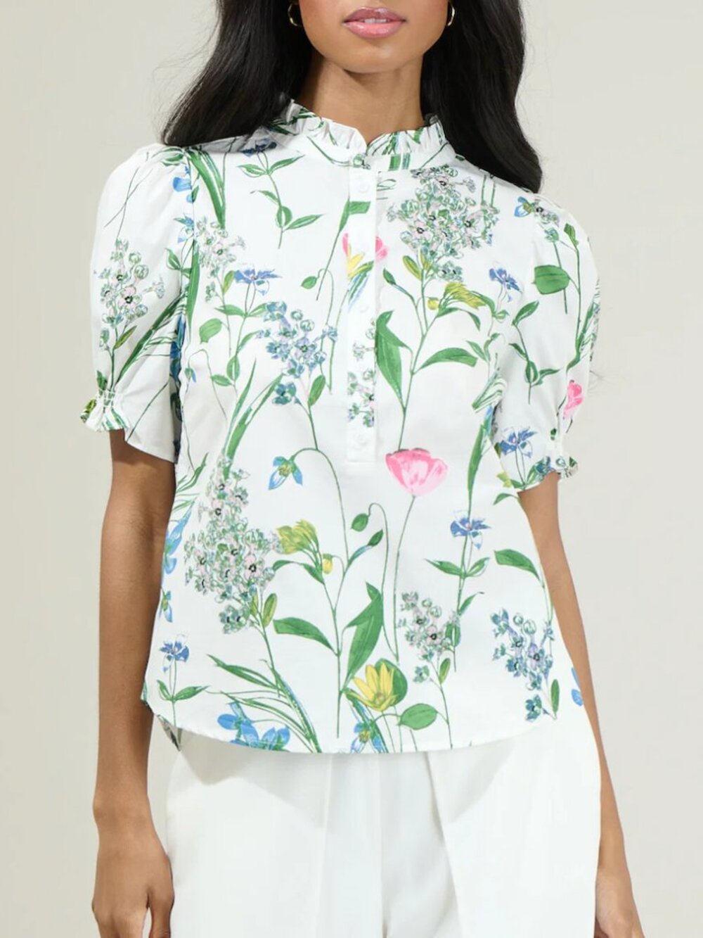 Sugarlips Clove Garden Floral Puff Sleeve Top - White/Pink/Green